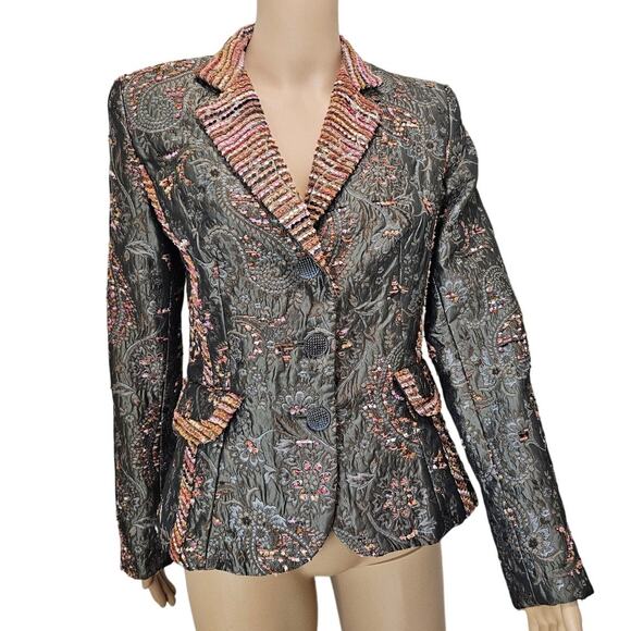 90s Vintage Fitted Embroidered Floral Striped Tapestry Zelda Blazer Size 6P - Picture 1 of 8